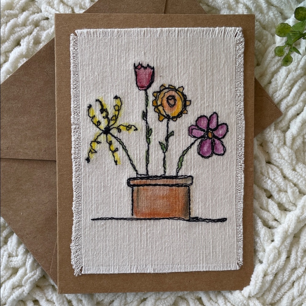Handcrafted Embroidered Floral Greeting Card in Pink, Yellow, Orange and Brown